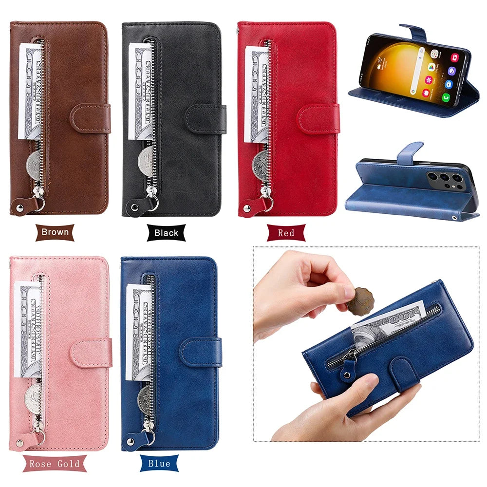 Leather Zipper Flip Wallet Case for Samsung Galaxy A M S Series