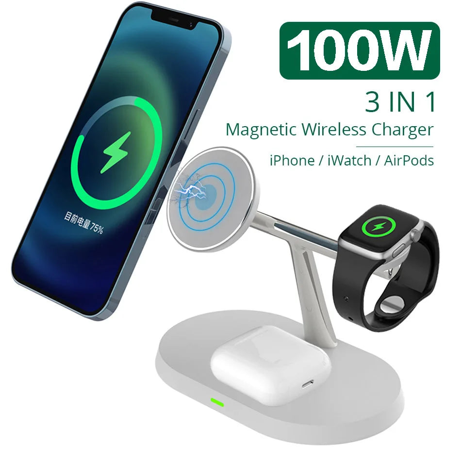 100W 3-in-1 Wireless Charging Station for iPhone/Apple Watch/AirPods